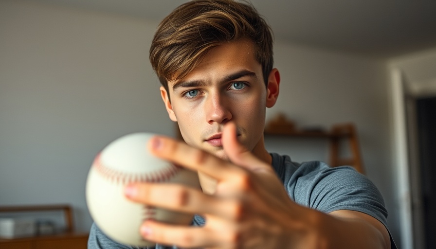 Young man shows baseball grip focusing on pitch technique indoors.