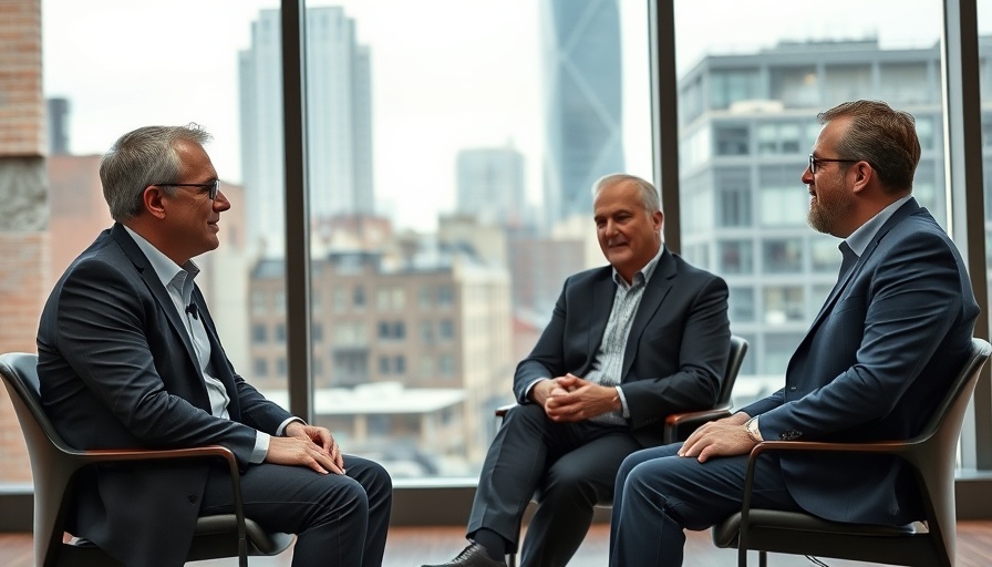 Men discussing partnership with PayPal in cityscape studio.