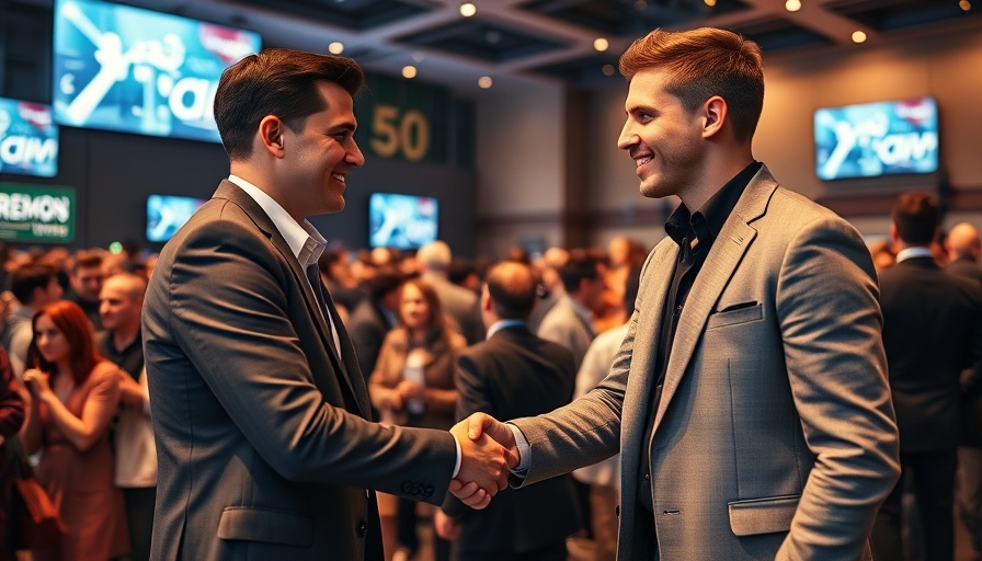 AI sports betting meeting at indoor event with handshake.
