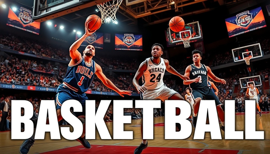 Intense basketball game with dynamic players and team logos; AI sports betting related.