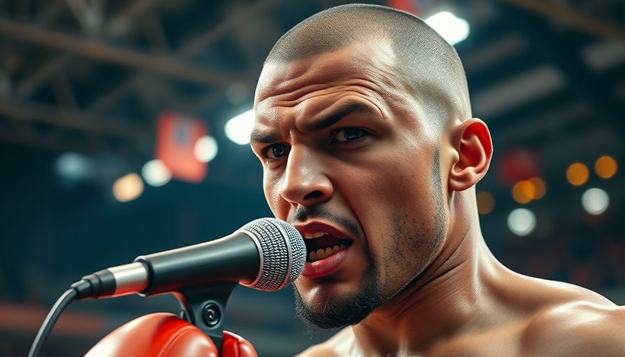 AI sports betting concept with a dynamic boxer in post-match interview.