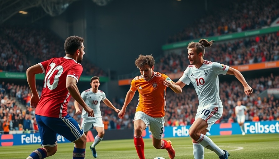 Dynamic soccer scene with players on field, vibrant sports atmosphere, AI sports betting.