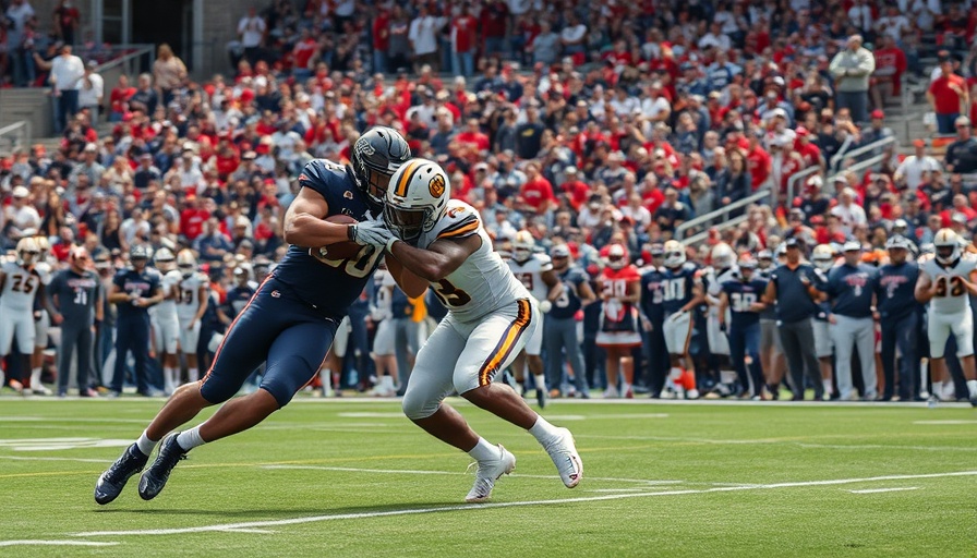 Dramatic action in college football game, players tackling.