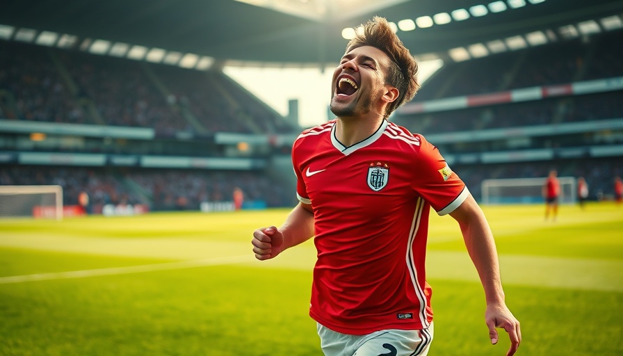 AI sports betting, soccer player celebrating with text overlay.