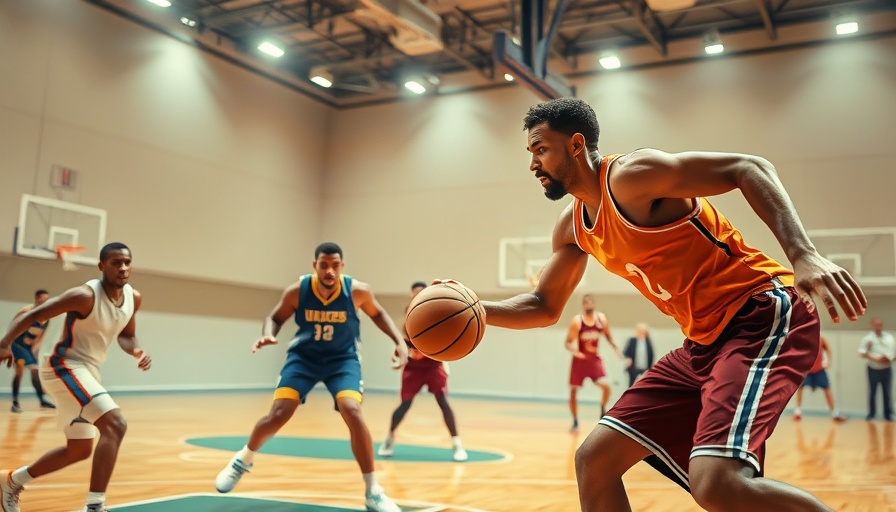 Intense basketball game action, players in motion, AI sports betting.