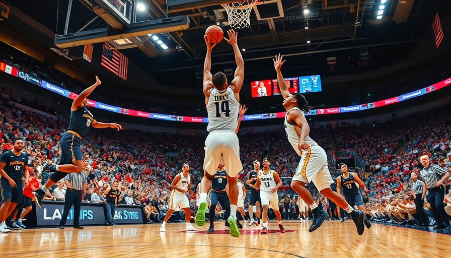 Exciting basketball game with a player blocking a shot, highlighting AI sports betting dynamics.