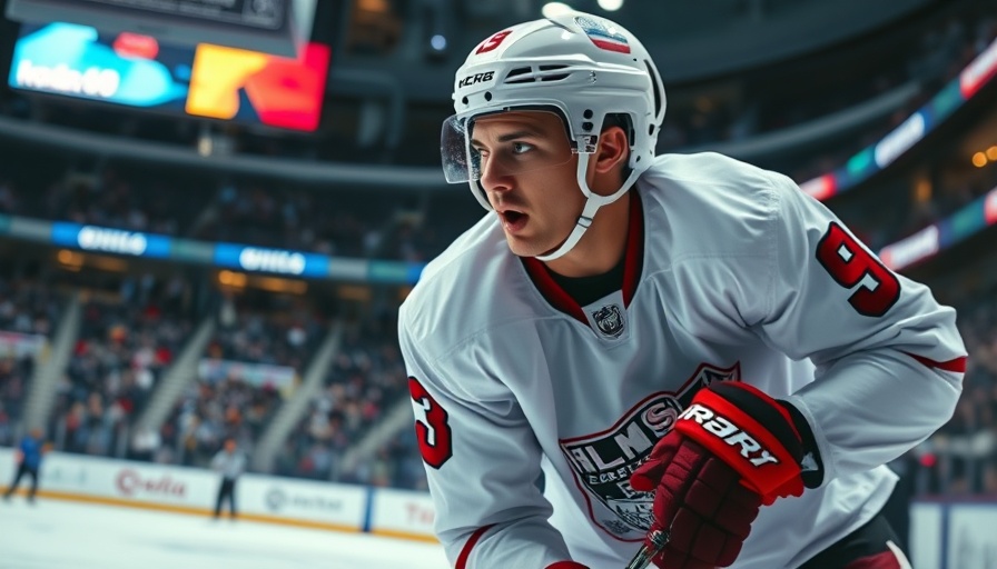 Dynamic ice hockey player in game with colorful text overlay