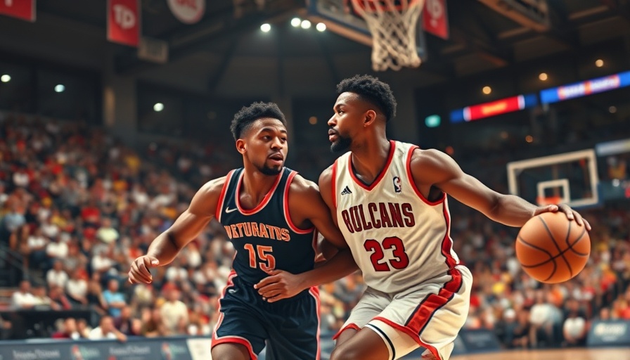 Intense basketball action shot at packed stadium.