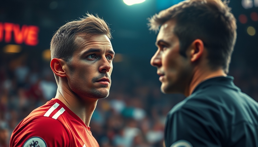 Focused soccer player and referee at sports event, AI sports betting.