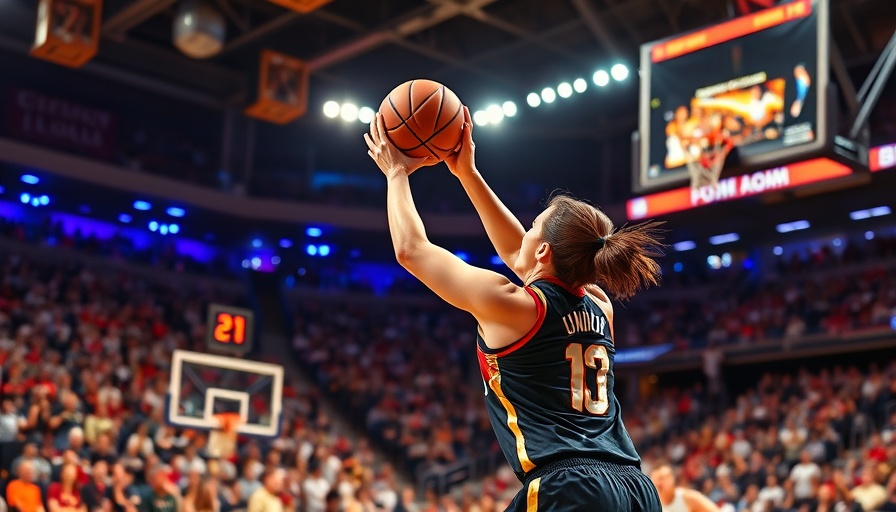 AI Sports Betting: Female basketball player shooting in vibrant arena.