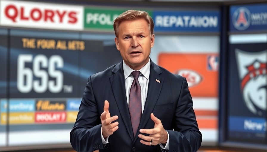 AI sports betting discussion by news broadcaster in suit.