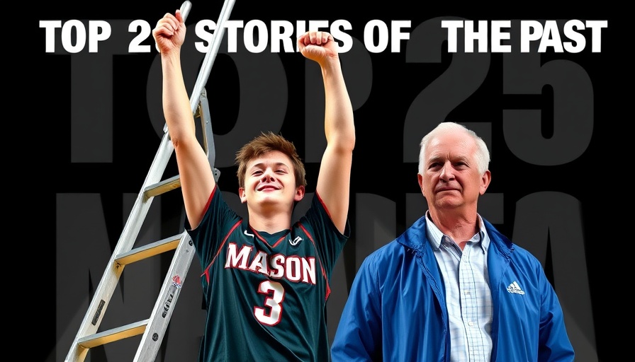 Dynamic image of college sports figures with text 'Top 25 Stories of the Past 25 Years'.