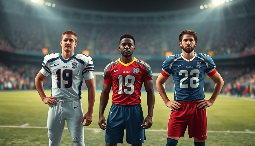 Football players in NFL and college uniforms, sports action shot.