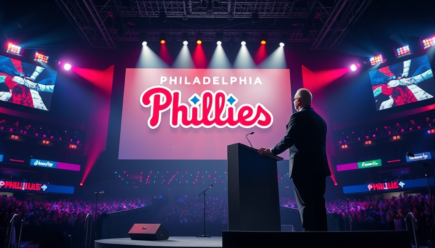 Dynamic sports event stage with speaker at podium, Philadelphia Phillies backdrop.