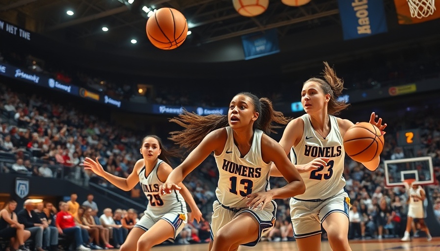 Dynamic women's basketball gameplay in an indoor arena.
