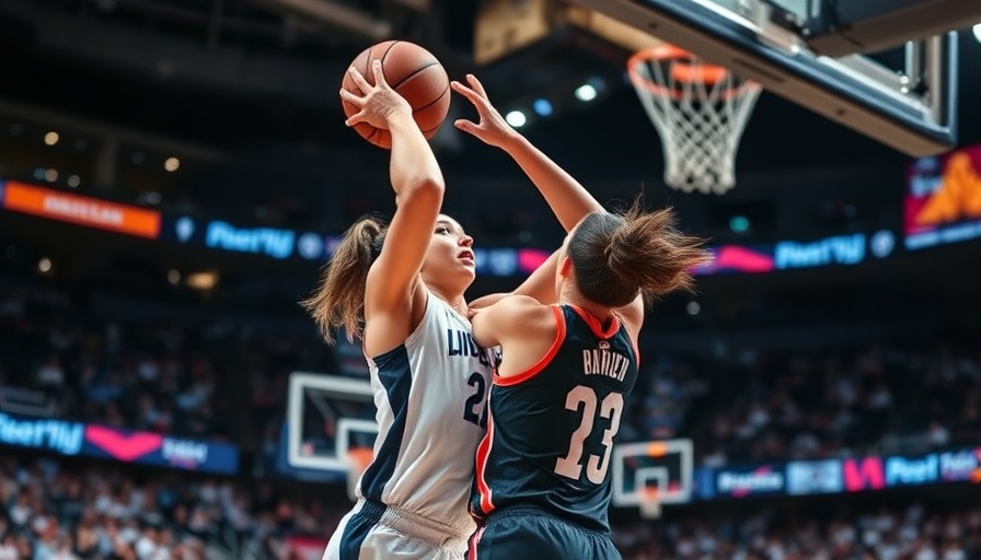 Female basketball player in action at a vibrant arena.