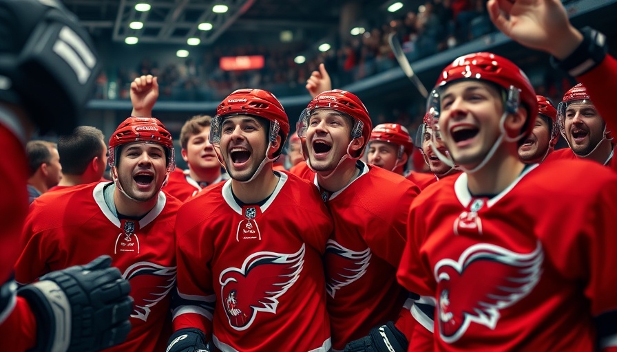 AI sports betting concept with cheering hockey players in red jerseys.