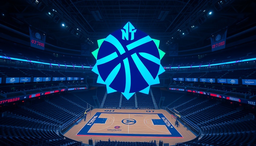 Futuristic basketball logo above high-tech stadium, AI sports betting theme.