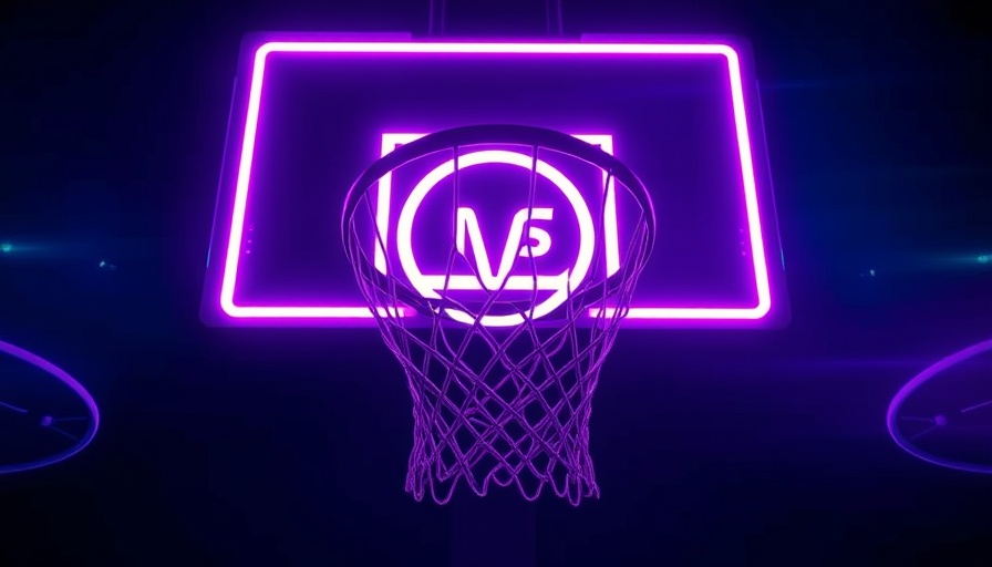 Futuristic illustration of a basketball hoop and logo for AI sports betting.