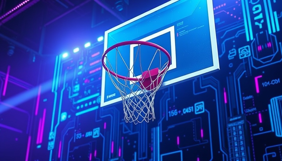 Futuristic AI sports betting concept with neon basketball theme.