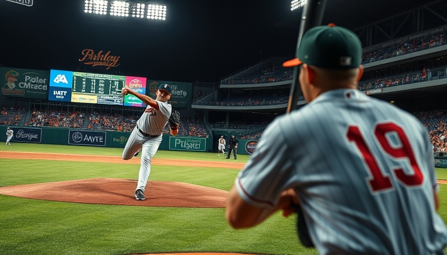 Dynamic baseball scene with pitcher and batter, bright stadium, sports predictions.