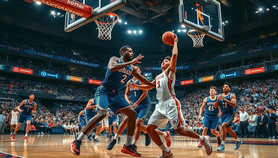 Dynamic basketball match scene with players in action on court.