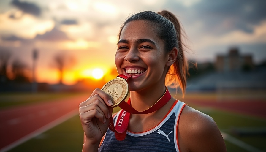 Triumphant female athlete biting gold medal at sunset on NFL FLAG Football field.