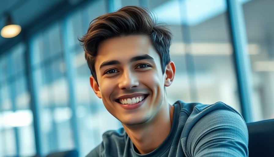 Smiling young male in a vibrant modern studio.