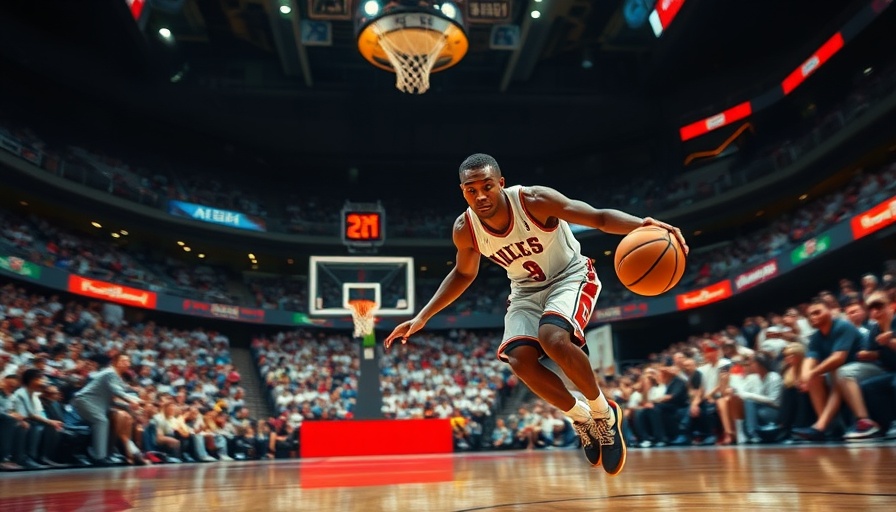 Dynamic basketball action with player dribbling, cinematic style.