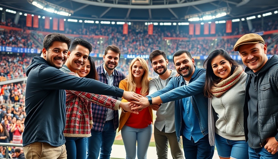 Diverse group uniting in a vibrant sports stadium.