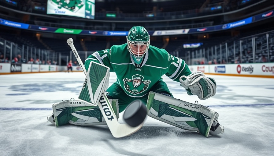 Ice hockey goalie blocking a puck in dynamic action, AI sports betting context.