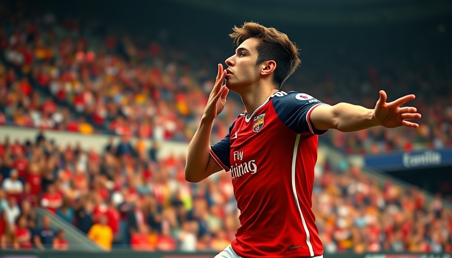 Dynamic scene of a soccer player celebrating a goal in a vibrant stadium.