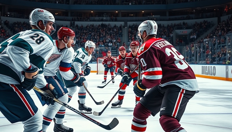 Dynamic ice hockey face-off scene during an international match.