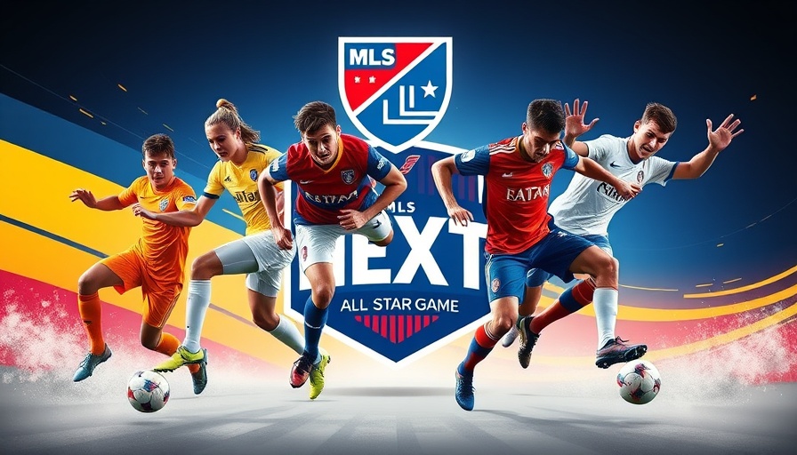 2025 MLS NEXT All-Star Game graphic with vibrant soccer player action poses.