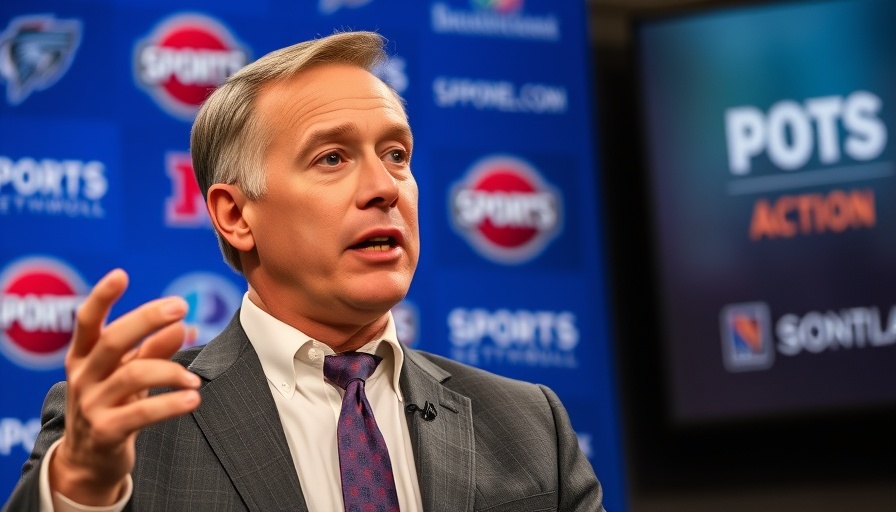 AI sports betting concept with a man speaking on sports network backdrop.