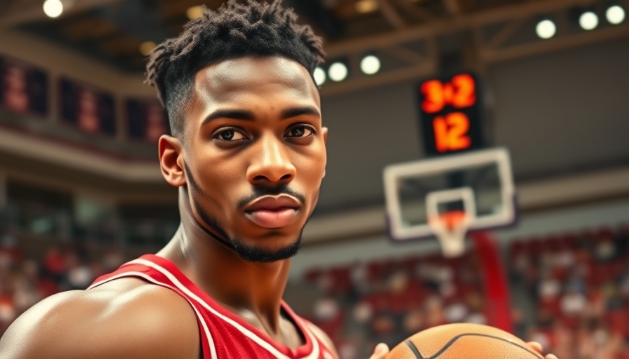 Basketball player confidently poses in a vibrant sports setting.