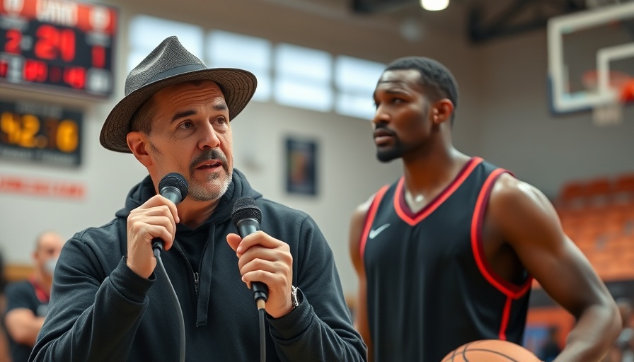 AI sports betting discussion with speaker and basketball theme.