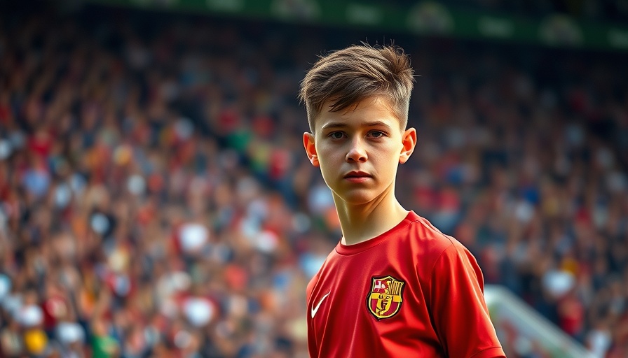 Young soccer player with determined look on stadium field.