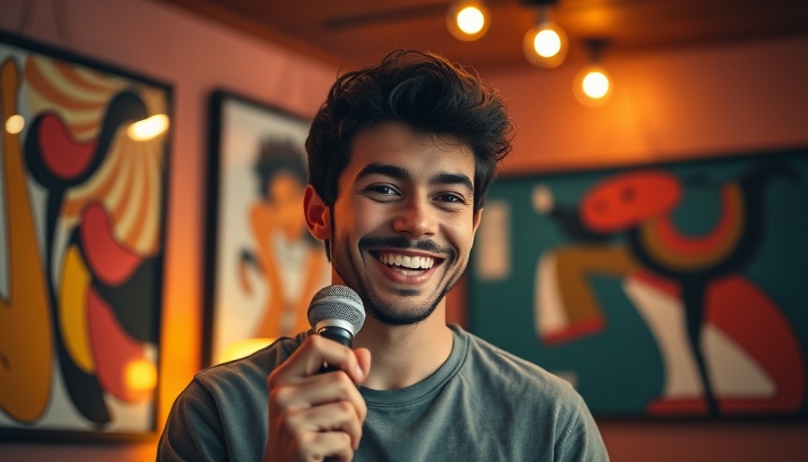 Young man interview scene in warmly lit room.