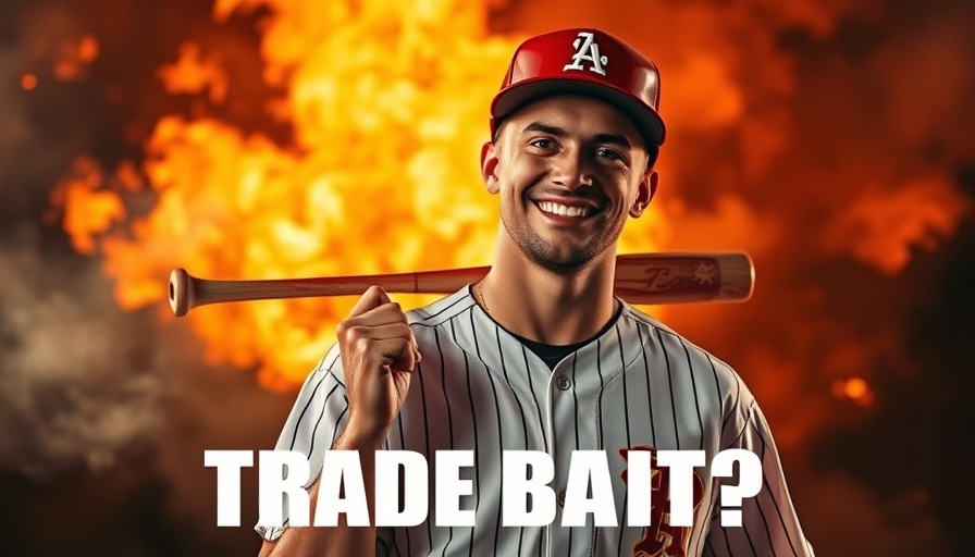 Baseball player with 'TRADE BAIT?' text over fiery background, AI sports betting.
