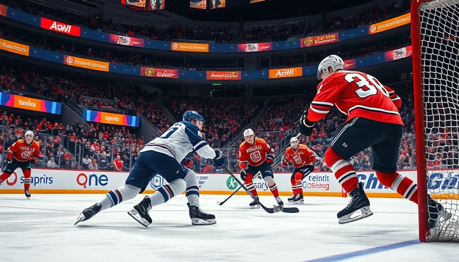 Intense hockey game scene with players defending a goal.
