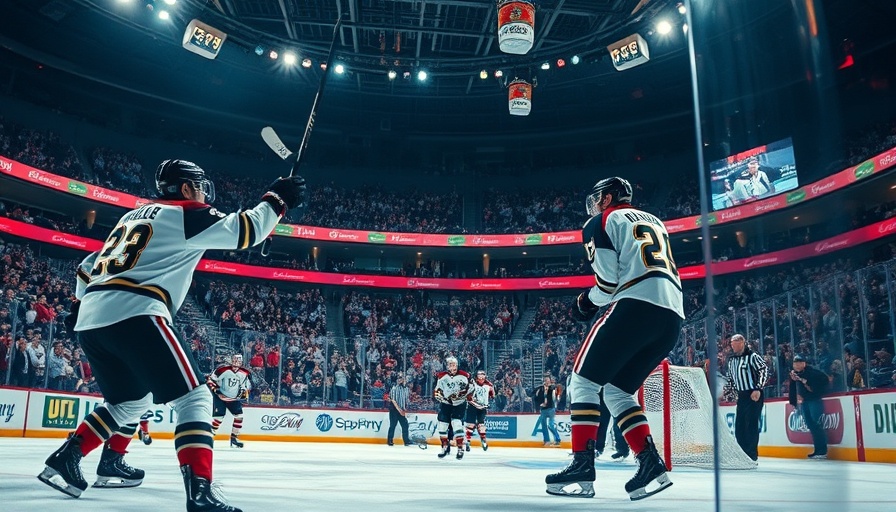 Players celebrate goal in dynamic ice hockey scene, highlighting AI sports betting.