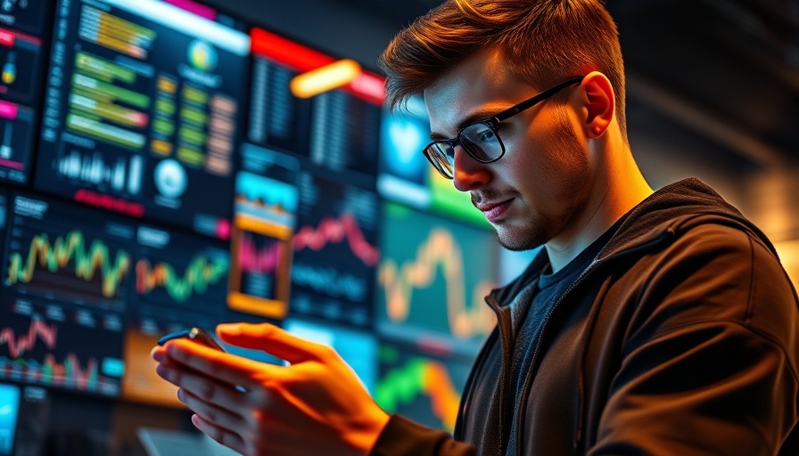 AI sports betting scene with a man analyzing data on a smartphone.