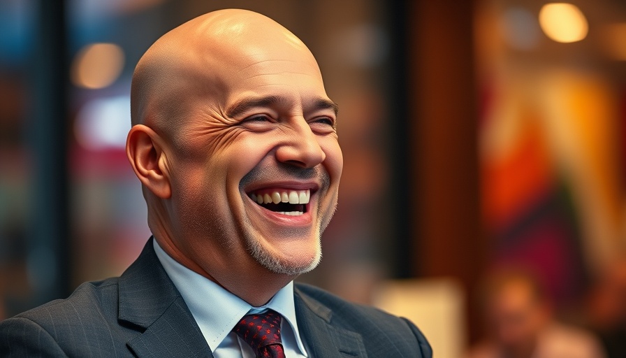 Smiling man in suit laughing indoors, colorful background.