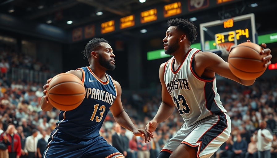 Dramatic basketball game scene in a packed sports arena.