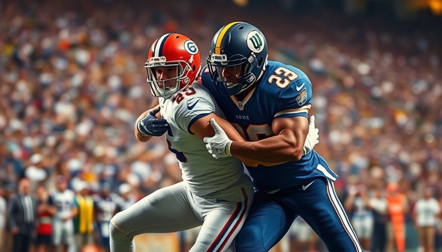 Intense football tackle in crowded stadium, capturing dynamic action.