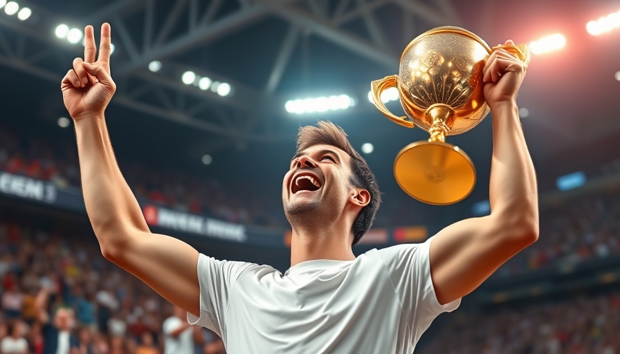 AI sports betting jubilant athlete with trophy in crowded stadium.