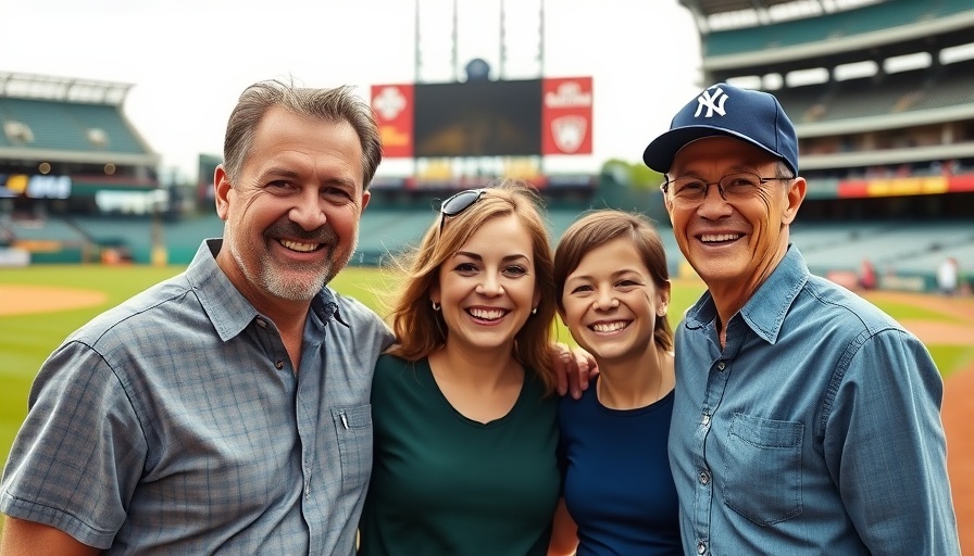 Family at a baseball game smiling on the field with team jerseys.