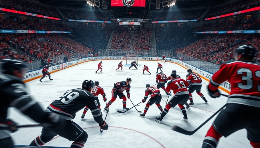 Intense ice hockey match, red and black teams in action. AI sports betting