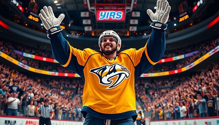Nashville Predators player celebrating a goal in a vibrant ice hockey arena.